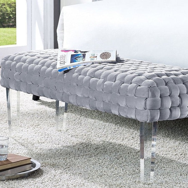 TOV Furniture Sal Woven Grey Velvet Bench