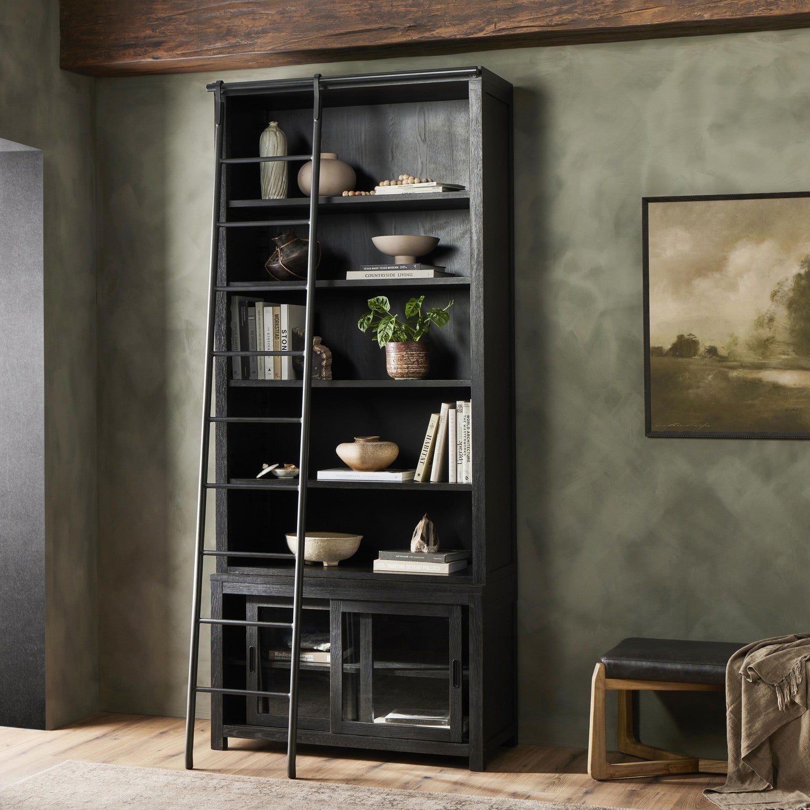 Admont Bookcase And Ladder-Worn Blk