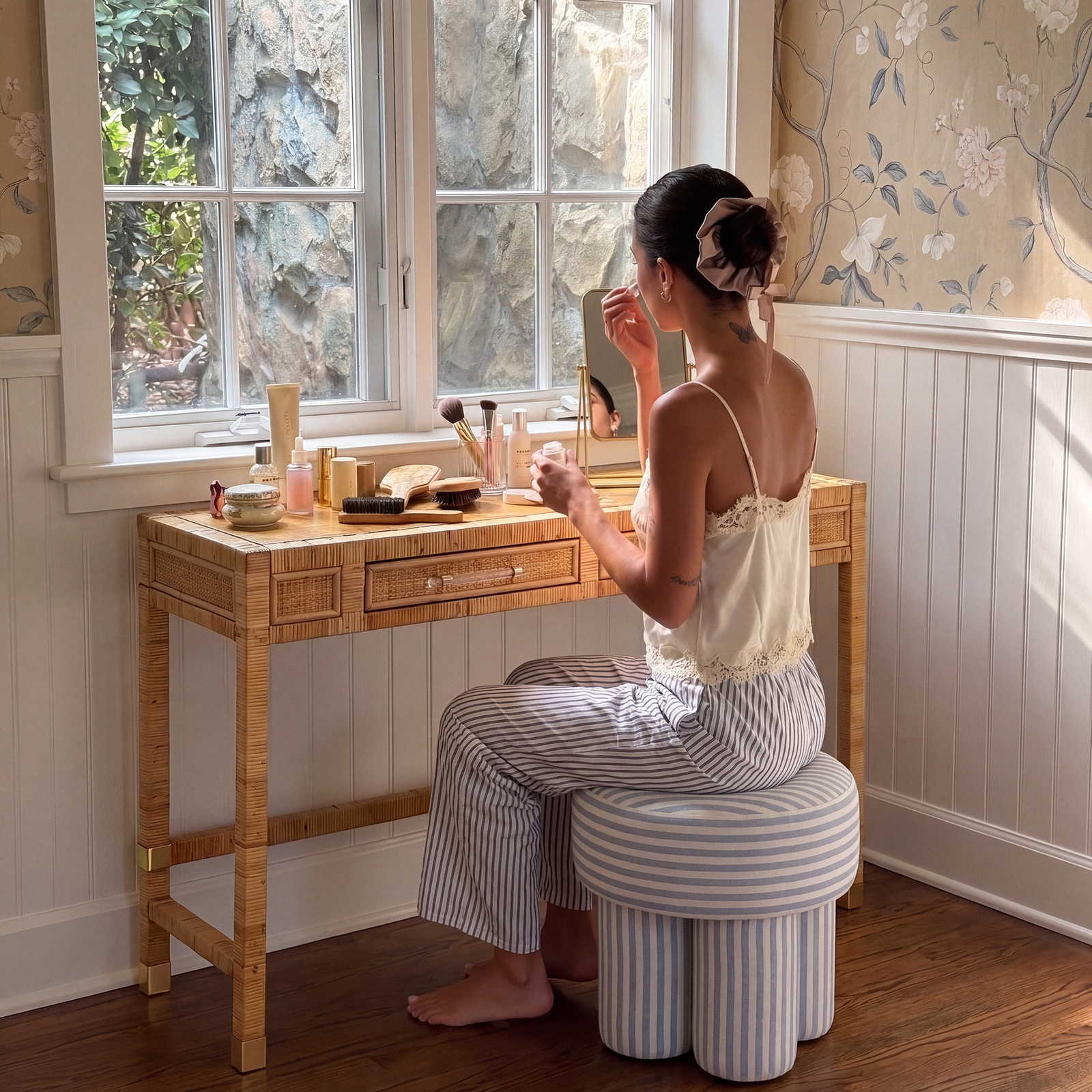 TOV Furniture Masha Striped Performance Linen Accent Stool