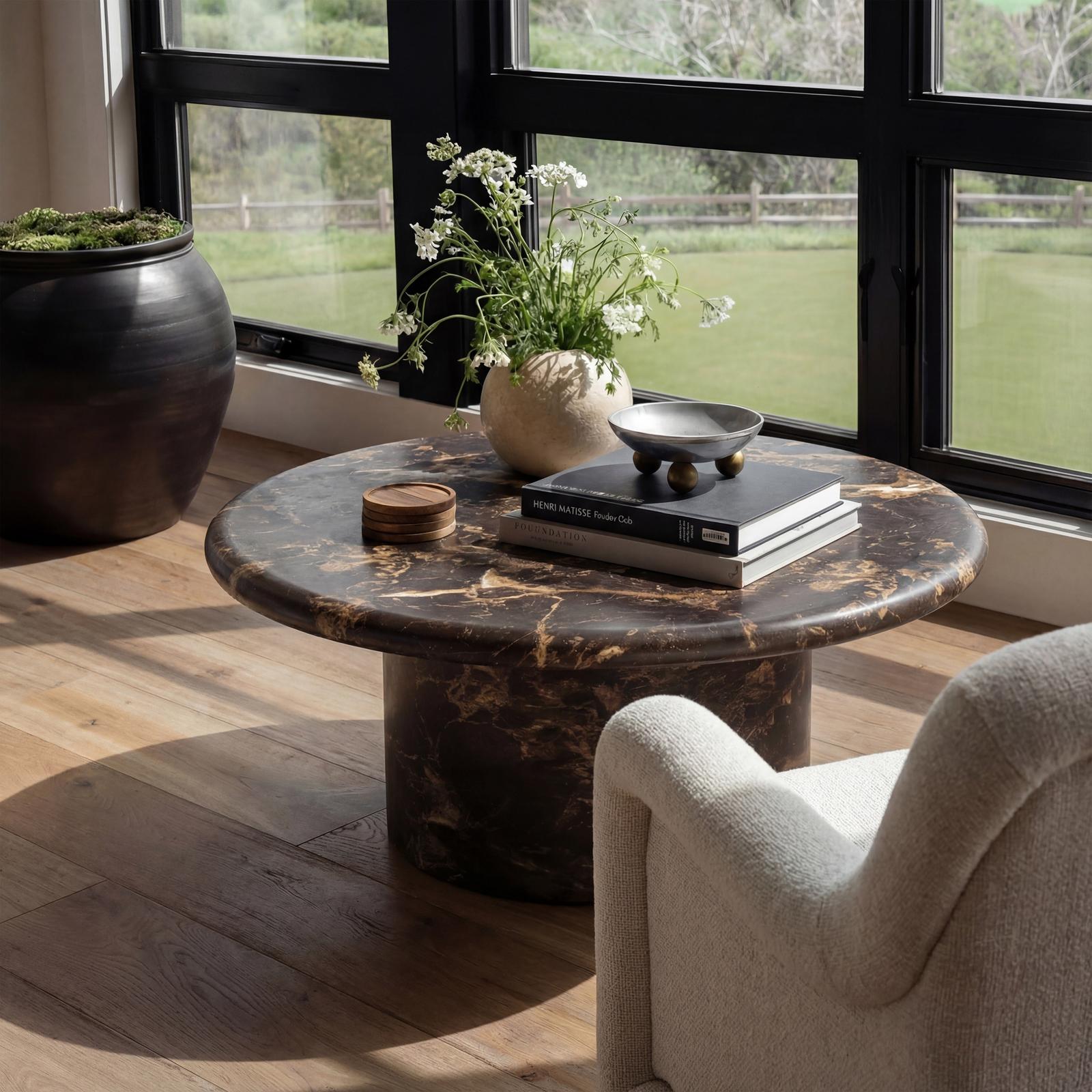 TOV Furniture Byron Dark Brown Faux Marble Indoor/Outdoor Concrete Round Coffee Table