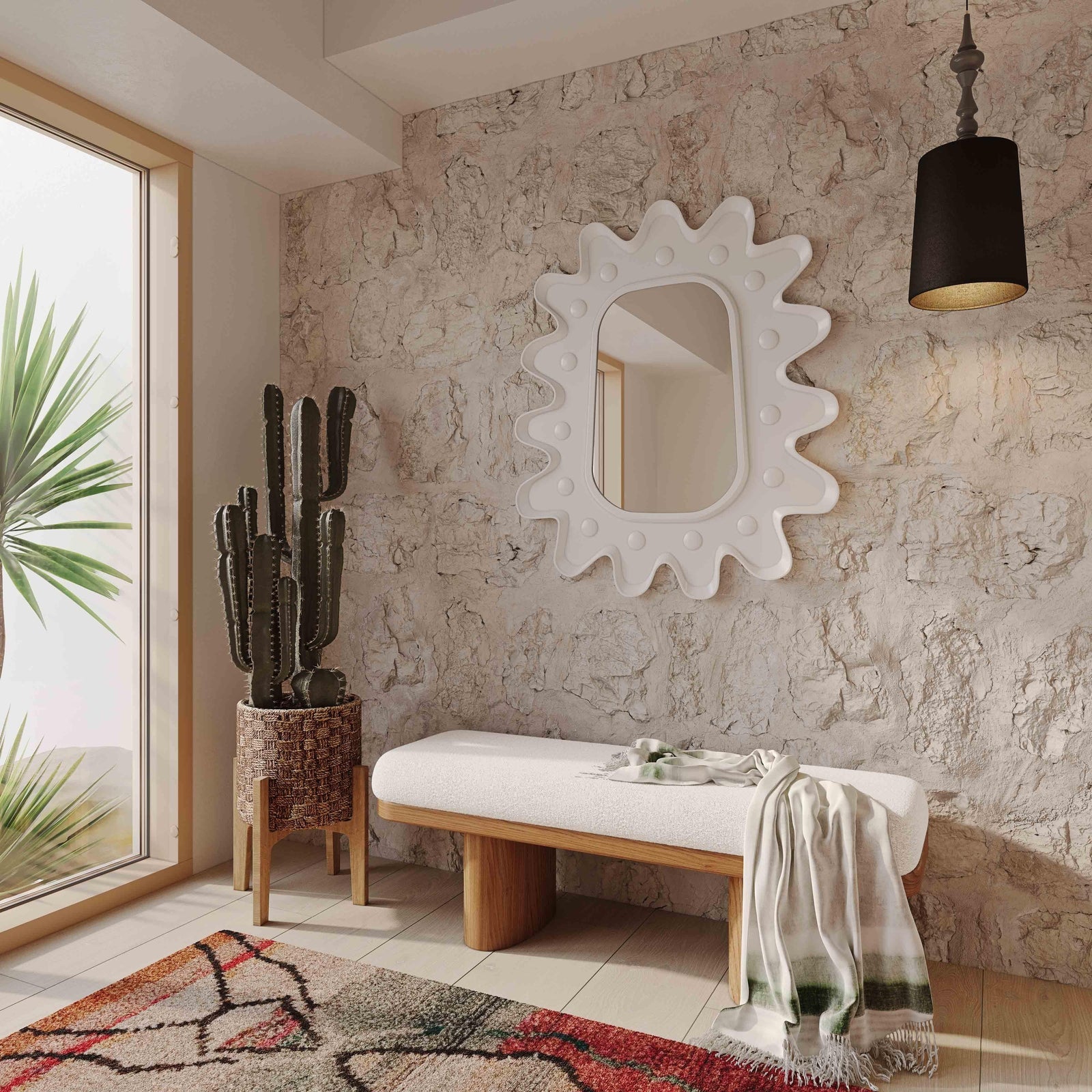 TOV Furniture Ollie White Boucle Wooden Bench