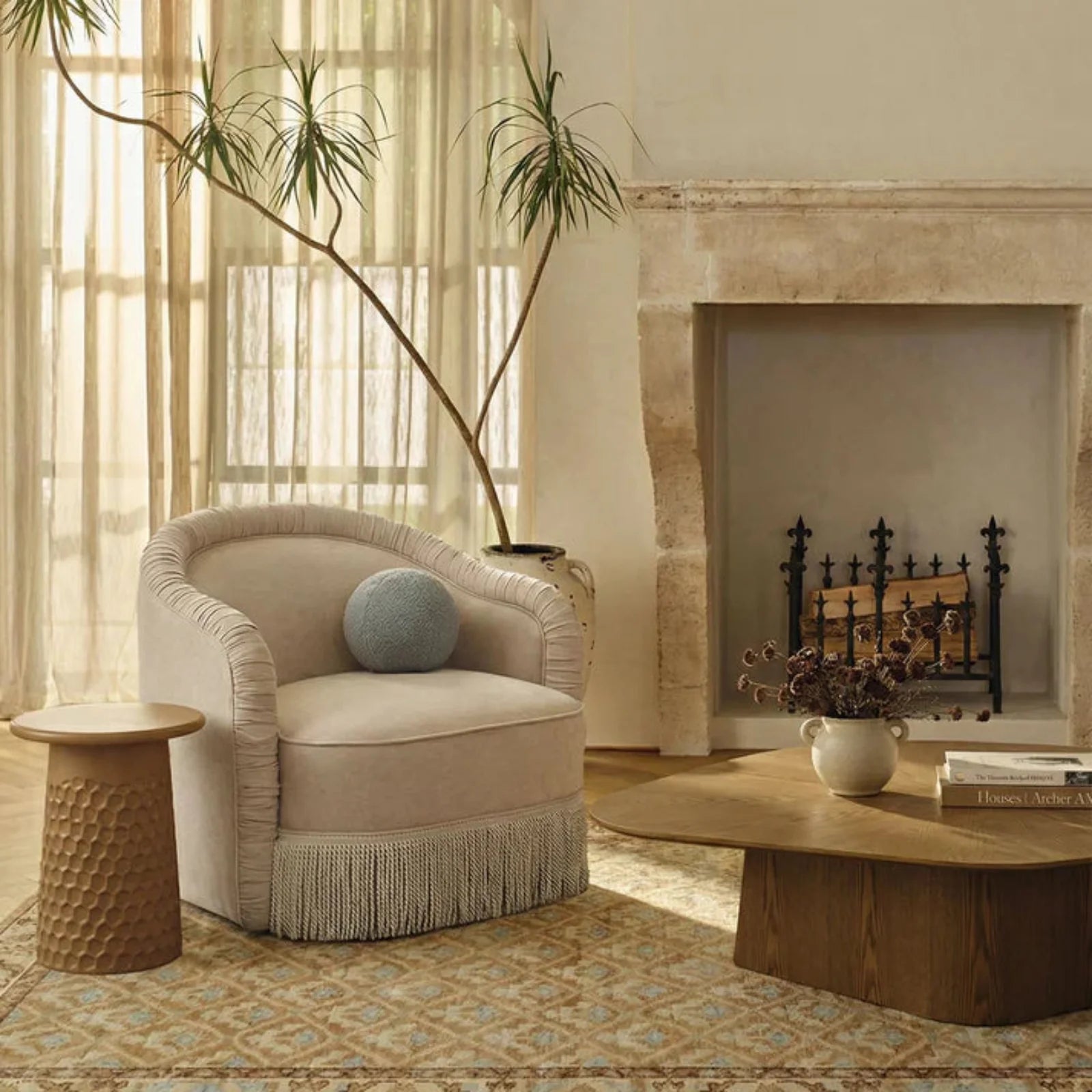TOV Furniture Pamela Tan Performance Chenille Tasseled Lounge Accent Chair